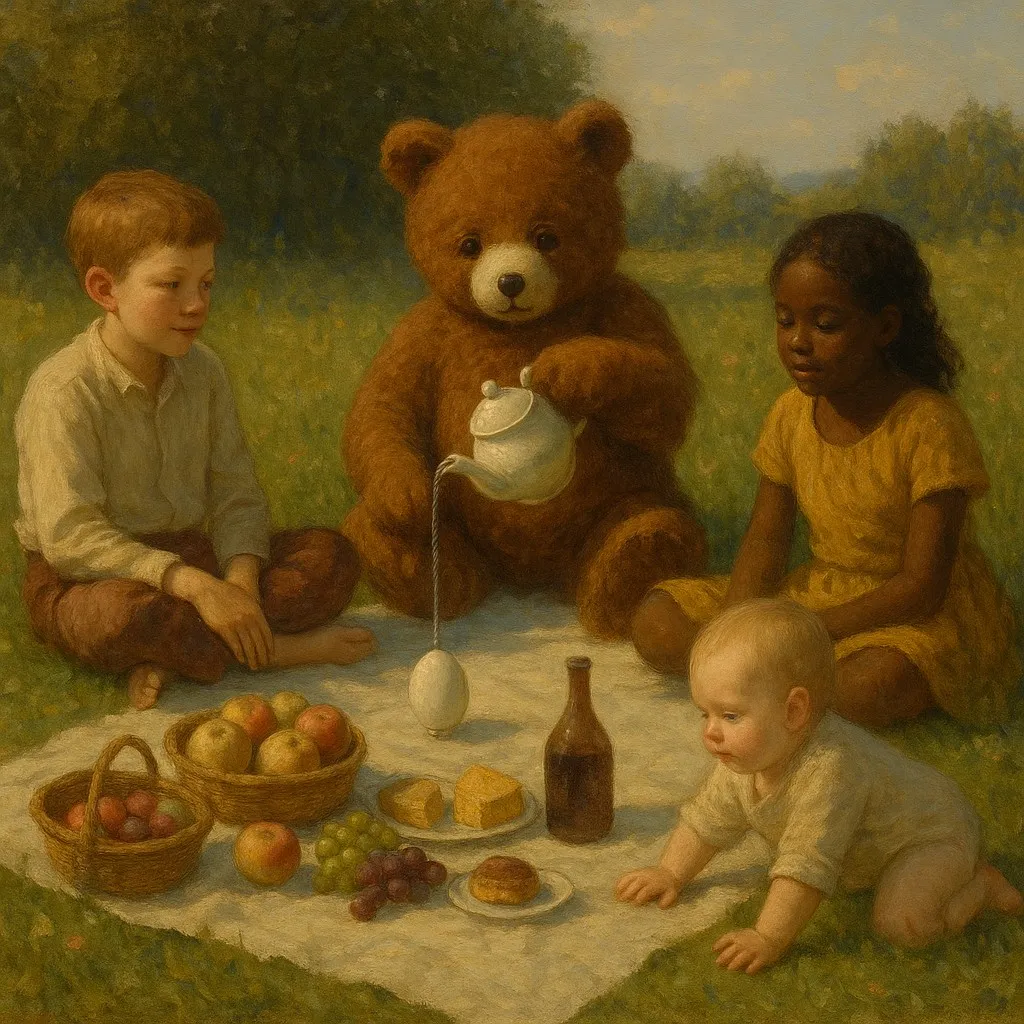 Oil painting of a sunny picnic scene with a boy, a girl, a baby, and a human-sized teddy bear pouring water from a teapot onto an egg.