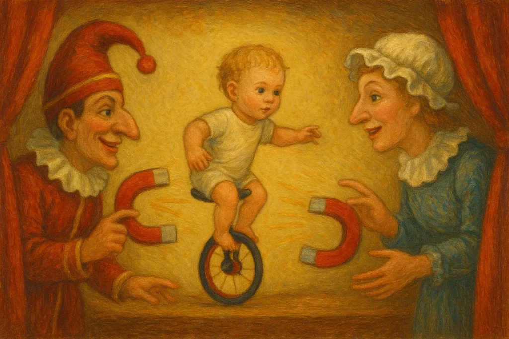 Oil painting showing Punch and Judy directing magnets toward a baby trying to ride a unicycle on stage.