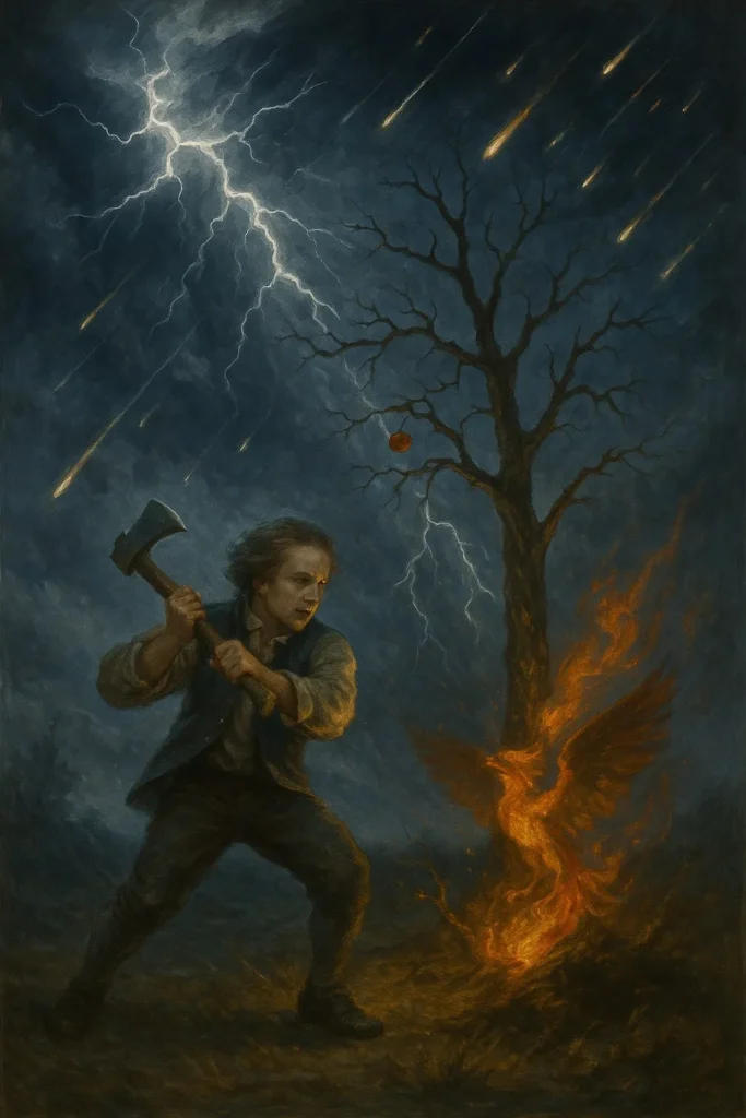 Oil painting of young George Washington swinging an axe at a cherry tree under a stormy, lightning-filled sky with a burning phoenix behind.