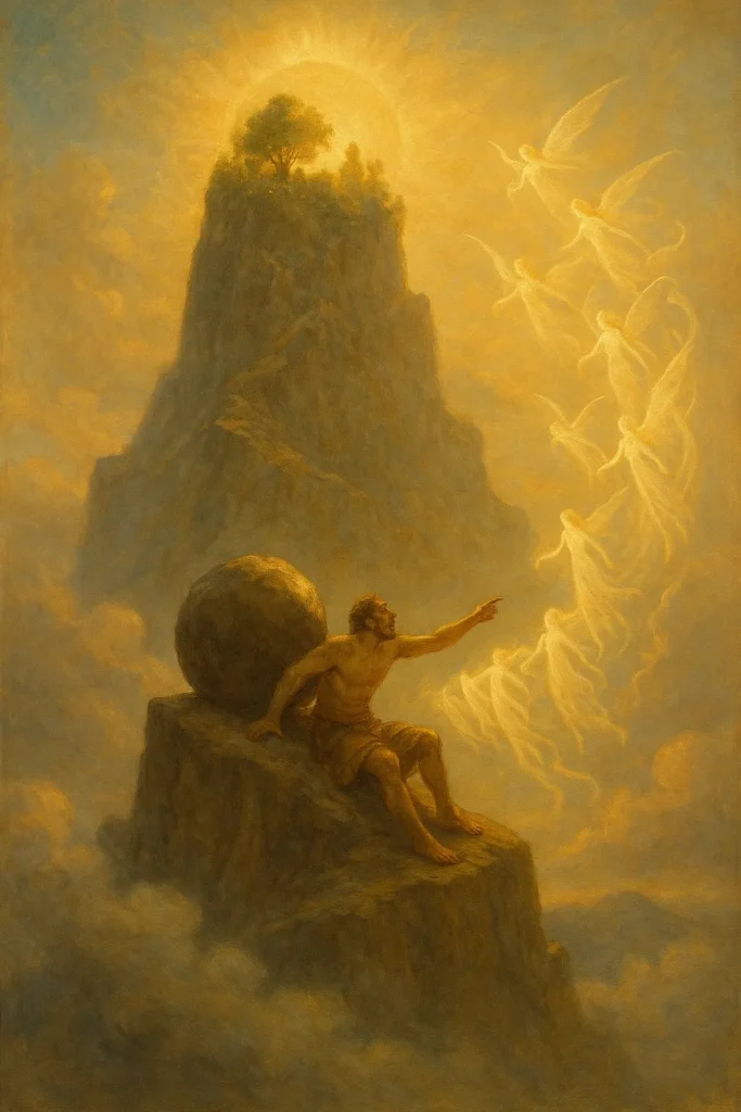 Oil painting of Sisyphus seated on his boulder atop a mountain pointing toward descending nymphs from a radiant Garden of Eden.