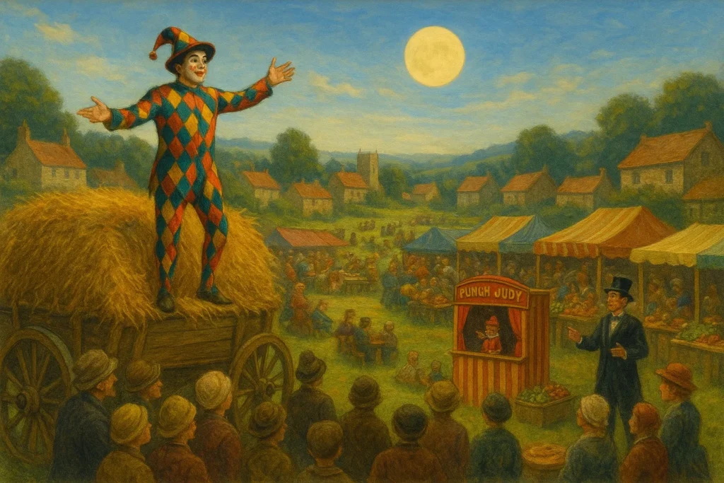 Oil painting depicting a harlequin host and villagers gathered on a haywain under golden sunlight.