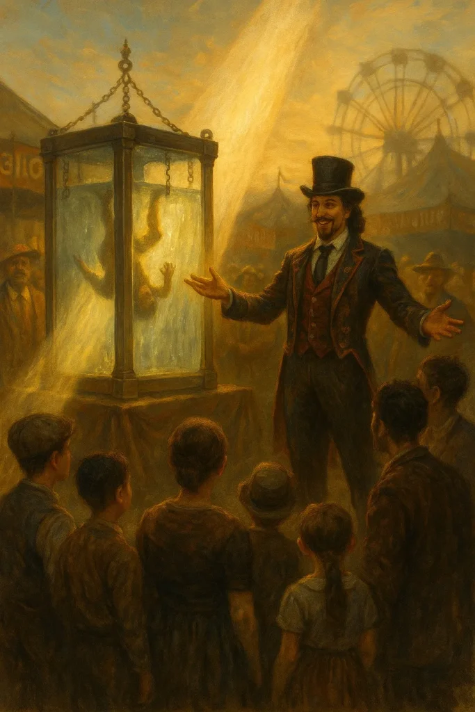 Oil painting of a fairground with a magician beside a water torture cell illuminated by a mystical beam of light.