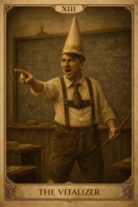 TAROT CARD NUMBER XIII - THE VITALIZER - THE VILLAGE IDIOT - ADOLF HITLER - THE VILLAGE IDIOTS TALE