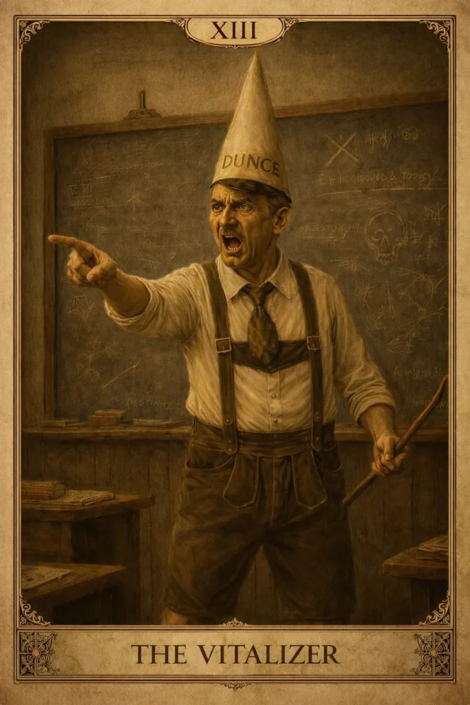 TAROT CARD NUMBER XIII - THE VITALIZER - THE VILLAGE IDIOT - ADOLF HITLER - THE VILLAGE IDIOTS TALE